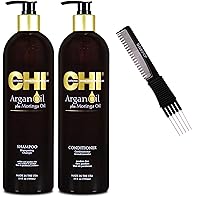 Comb + CHl ARGAN OIL plus MORINGA OIL Shampoo & Conditioner Duo Set Kit, XXL Pro Size (w/SIeekshop Premium Carbon Teasing Comb) (Argan Oil Moringa - Sham. (25 oz) + Cond. (25 oz))