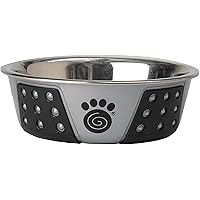 PetRageous 13097 Fiji Stainless Steel Non-Slip Dishwasher Safe Dog Bowl 1.75-Cup Capacity 5.5-inch Diameter 1.75-inch Tall for Small and Medium Size Dogs and Cats, Light Grey and Black