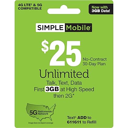 SIMPLE Mobile $25 Unlimited Talk,Text&Data (3GB High–Speed)[Physical Delivery]