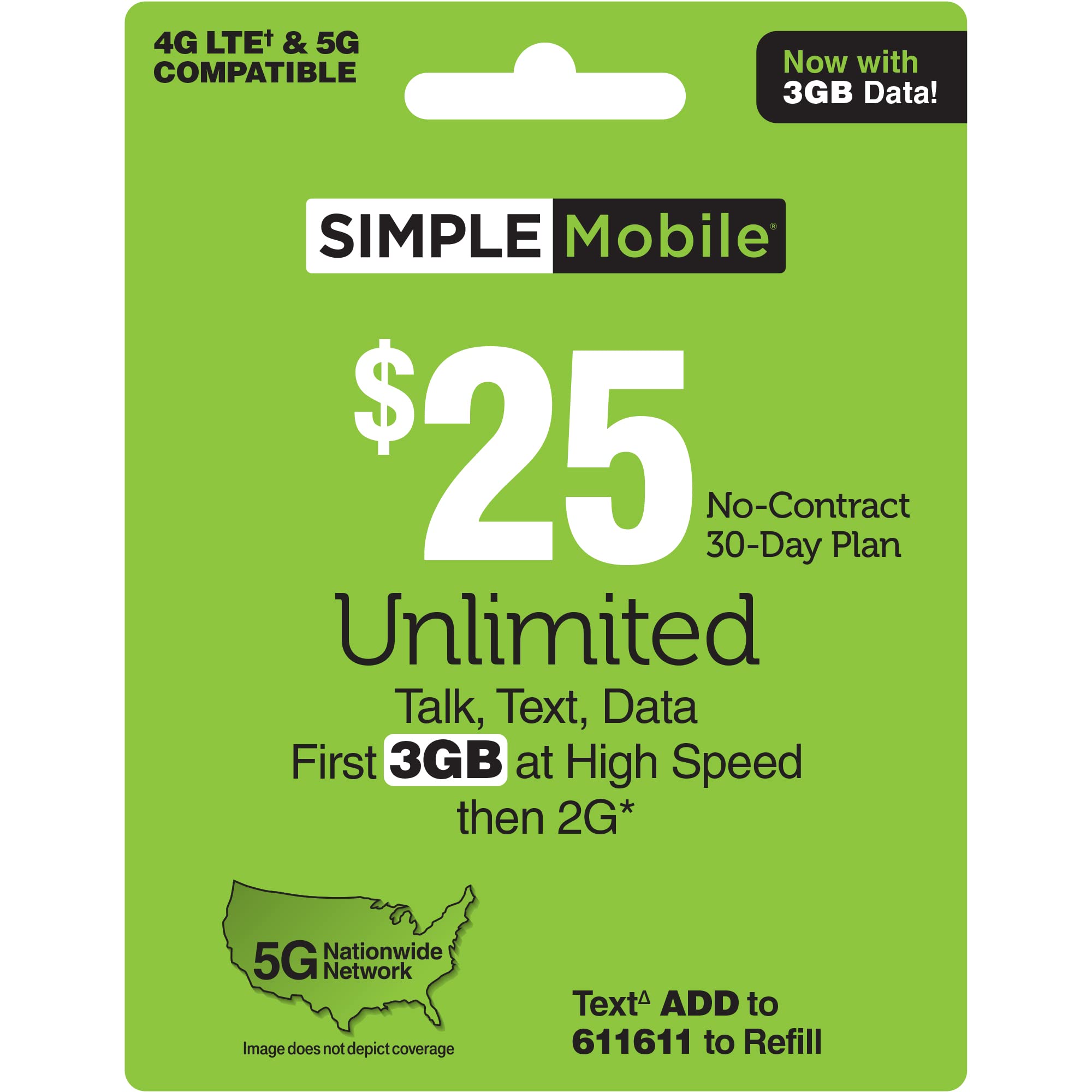 SIMPLE Mobile $25 Unlimited Talk,Text&Data (3GB High–Speed)[Physical Delivery]