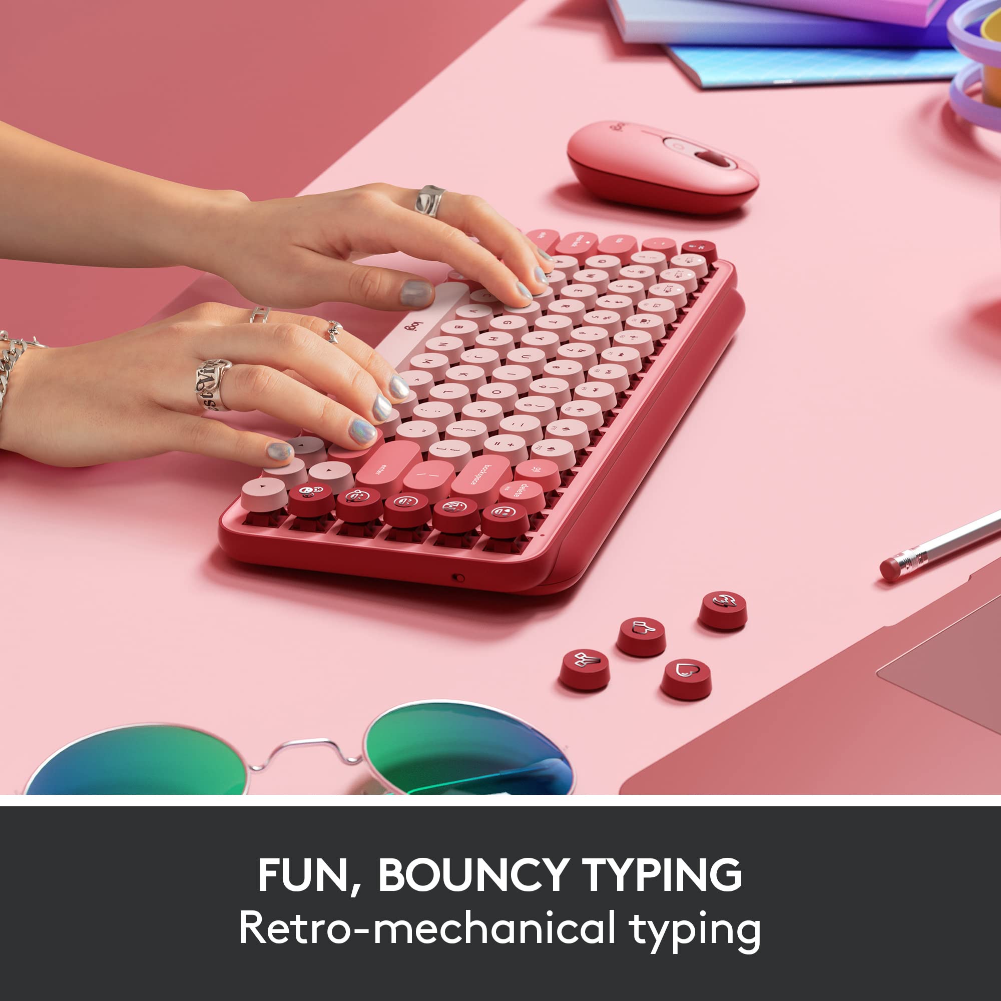 Logitech POP Wireless Mouse and POP Keys Mechanical Keyboard Combo - Customisable Emojis, SilentTouch, Precision/Speed Scroll, Bluetooth, Multi-Device, OS Compatible - Heartbreaker Rose