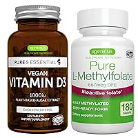 Vegan Vitamin D3 + Pure Folate 400mcg Vegan Bundle, 365 1000iu Vitamin D3 Tablets + Optimized L-Methylfolate, by Igennus