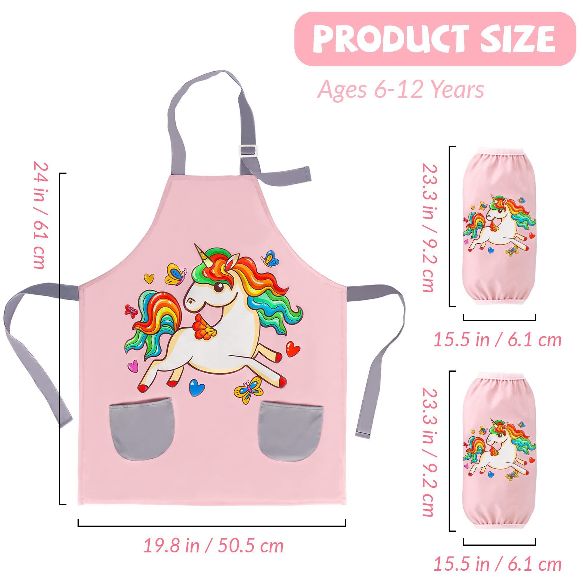 FUSOTO Unicorn Kids Aprons for Girls, Kids Cute Kitchen Cooking Apron for Ages 6-12, Kids Artist Painting Apron with Pockets, Arts and Crafts for Kids, Unicorns Gifts for Girls