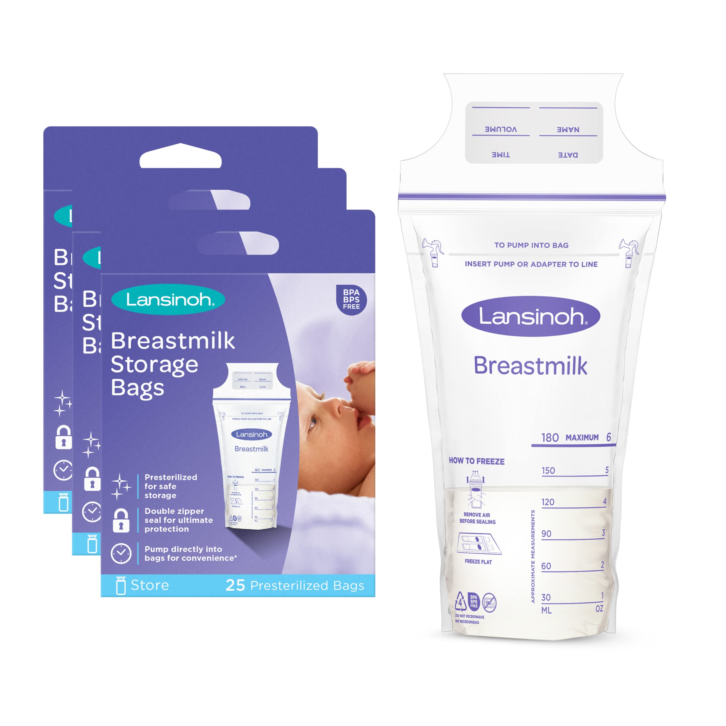 Lansinoh Breastmilk Storage Bags, 75 Count, 3 Packs of 25 Milk Bags, 6 Ounce, Easy to Use Milk Storage Bags for Breastfeeding, Presterilized, Hygienically Doubled-Sealed for Refrigeration and Freezing