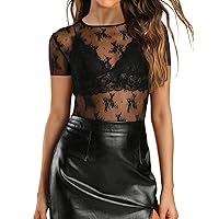 AKEWEI Womens Mesh Short Sleeve Tops Crew Neck Sexy See Through Tee Shirts Party Club Night Lace Blouse