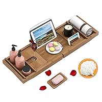Domax Bathtub Caddy Tray Expandable Bamboo Bath Tub Tray for Luxury Bath with Book Holder Free Soap Dish Brown
