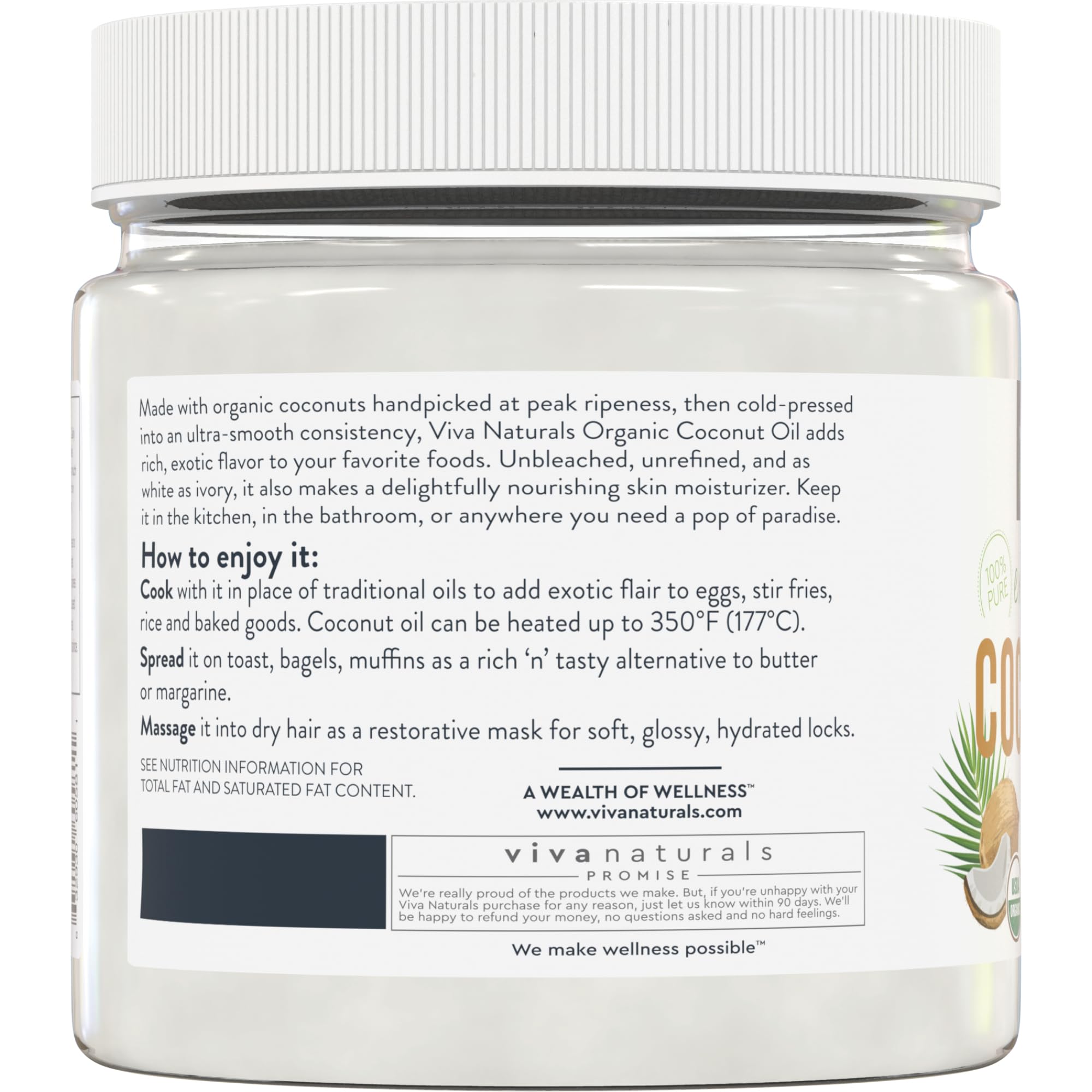 Viva Naturals Organic Coconut Oil, Cold-Pressed - Natural Hair /Skin Oil and Cooking Oil with Fresh Flavor, Non-GMO Unrefined Extra Virgin(Aceite de Coco), USDA Organic, 16 oz