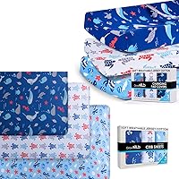 6 Pack Crib Sheets and Changing Pad Covers Bundle - Soft & Stretchy Jersey Cotton - Dark Blue, White and Light Blue Ocean Design
