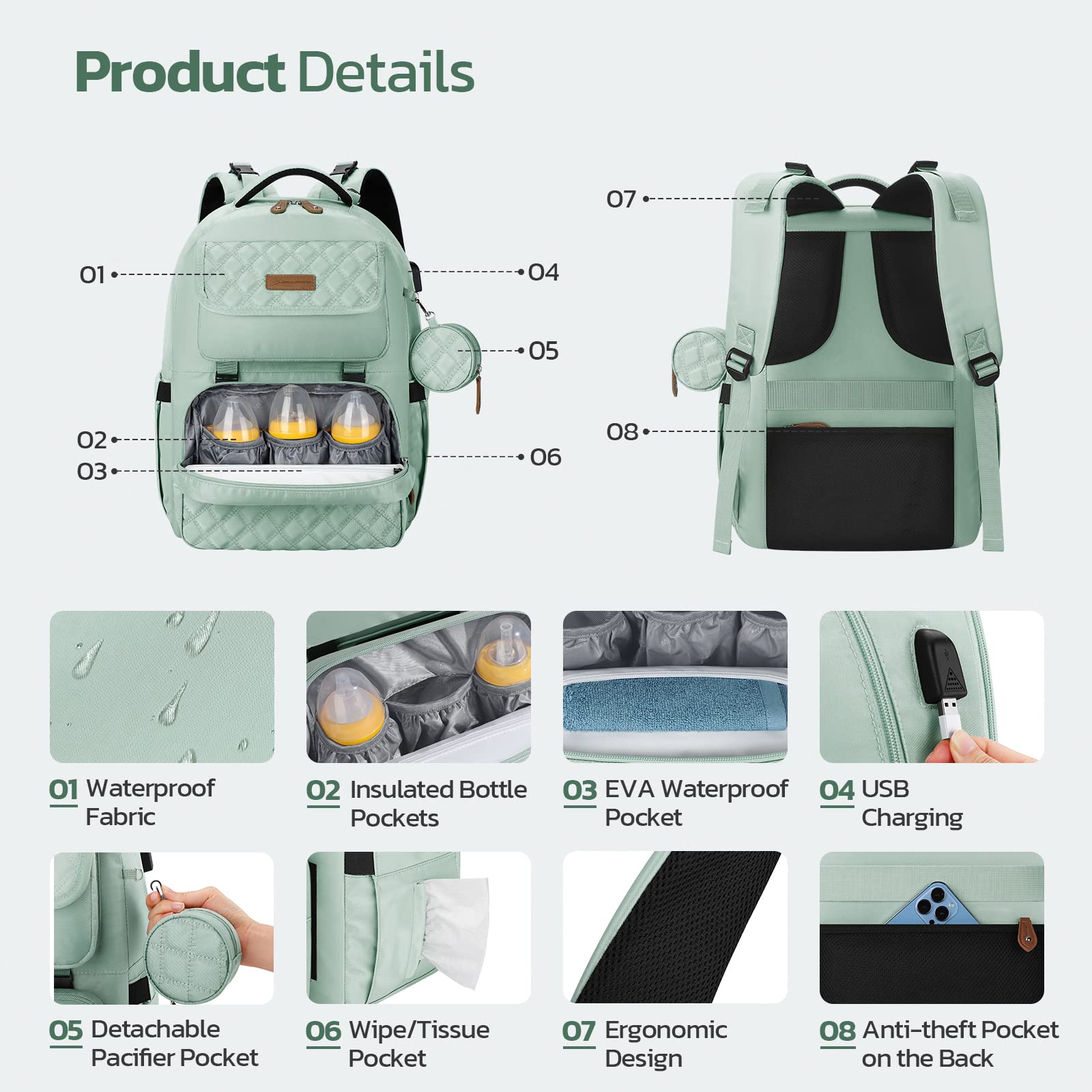 Maelstrom Diaper Bag Backpack,29L-45L Expandable Large Baby Bag for 2 Kids/Twins with Removable Cross Body Bottle Bag for Mom/Dad,Stylish Nappy Bag Gift for Boys/Girl-Mothers Day Gifts-Mint Green