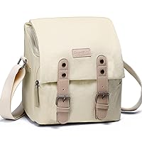 Cwatcun Compact Camera Bag Case Canvas Leather Trim Compatible for Nikon, Canon, Sony Mirrorless Camera and Lenses Waterproof, Camera Shoulder Messenger Bag Beige