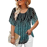 onlypuff Womens Blouse Half Sleeve Floral Double Layered Sheer Flowy Tunic Tops Round/V Neck Casual Shirts