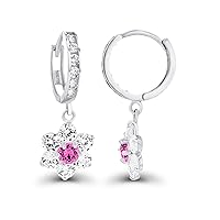 Sterling Silver Rhodium 3.5mm Created Pink Sapphire & Created White Sapphire Flower Dangling Huggie Earrings