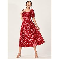 Women's Dress Dresses for Women Ditsy Floral Print Shirred Puff Sleeve Dress Dress (Color : Red, Size : Small)