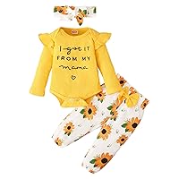 3 Pcs Infant Baby Girl Clothes Letter Print Long Sleeve Romper Flower Pant Headband Toddler Outfits Set