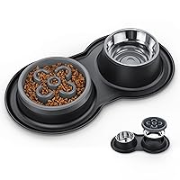 BurgeonNest Slow Feeder Dog Bowls,27oz 4-in-1 Food and Water Bowls with No-Spill and Non-Skid Silicone Mat, Stainless Steel Slow Down Eating Puzzle Bowl for Medium Small Sized Dogs