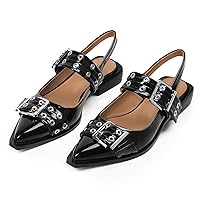 Women's Buckle Ballet Flats Wide Welt Slingback Flats Pointed Toe Chunky Low Heel Comfortable Ballet Shoes for Ladies