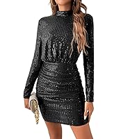Dresses for Women - Mock Neck Ruched Sequin Bodycon Dress