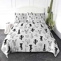 Cactus Bedding Queen Size Black and White Cacti Print Duvet Cover 3 Piece Abstract Plants Comforter Set for Teen Girls Stylish Women
