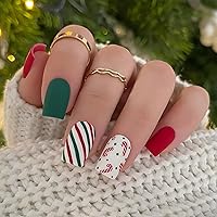 Christmas Nails Press on Nails Short Square Fake Nails with Designs Candy Canes Christmas Red Green Pattern Full Cover Acrylic Medium False Nails Xmas Winter Glue on Nails for Women and Girls 24Pcs