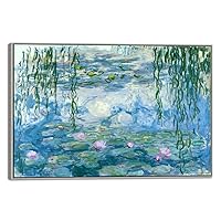 Wieco Art Extra Large Silver Framed Canvas Print Water Lilies by Claude Monet Paintings Reproduction Modern Canvas Wall Art for Home and Office Decoration Abstract Artwork