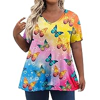 Plus Size Tops for Women 2024 Summer V Neck Short Sleeve Shirts Trendy Print Loose Fit Casual Tunic Blouse L-5XL