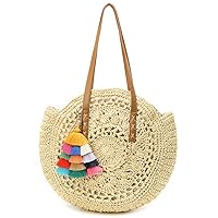 Straw Bag Round Summer Straw Large Woven Beach Bag Purse For Women Vocation Tote Handbags With Pom Poms