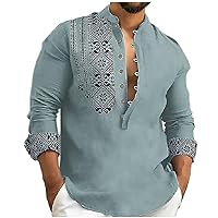 Vintage Print Shirts for Men Button Up Henley V Neck Stand Collar Tee Shirt Soft Linen Beach Tops Muscle Fit Tees