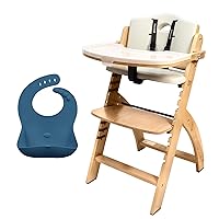 Abiie Beyond Junior Natural Wood/Dove Grey Cushion Convertible 3-in-1 Wooden High Chairs for 6 Months to 250 lbs, and Ruby Wrapp Space Blue Waterproof Silicone Bibs w/Front Pocket - Baby Essentials