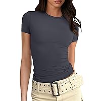 Womens Short Sleeve Tops Sexy Crop Slim Fitted Shirts for Women Casual Crew Neck Going Out Basic Women Summer Tops