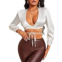 Women's Tops Women's Shirts Sexy Tops for Women Lantern Sleeve Wrap Knot Front Crop Satin Blouse (Color : White, Size : XX-Small)