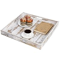 MyGift Whitewashed Wood Large Serving Tray with Handles, 19 Inch Square Decorative Tray for Ottoman, Breakfast, Tea, Coffee Table