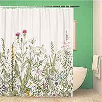 66x72 Inches Shower Curtain Set with Hooks Floral Border Herbs and Wild Flowers Botanical Engraving Style Colorful Flower Home Decor Waterproof Polyester Fabric Bathroom Curtains