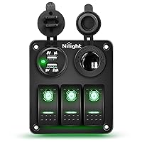 Nilight 3 Gang Rocker Switch Panel with USB Charger and Cigar Lighter 12V 24V Toggle Switch ON Off Rocker Switch Green with Night Glow Stickers for Cars Rvs Trucks,2 Years Warranty