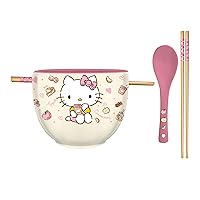 Sanrio Hello Kitty Apples and Cinnamon Ceramic Ramen Noodle Rice Bowl with Chopsticks and Spoon, Microwave Safe, 20 Ounces