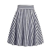Womens Stripe Print A-Line Skirt, Women Pleated Zipper Midi Skirt Vintage High Waisted Cocktail Skirt Party Evening Skirt
