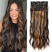 Clips in Hair Extensions Long Wavy Synthetic Hair 4Pcs 11Clips on Hair Hairpieces Curly Double Weft (20 Inches, Dark Brown Mixed Caramel)