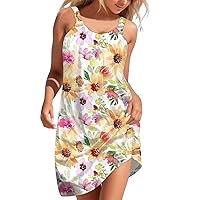 Sun Dresses for Women Casual Spaghetti Strap Sundress Crew Neck Tshirt Dress Swing Boho Floral Print Sundresses