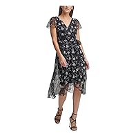 DKNY Womens Black Embroidered Belted Printed Flutter Sleeve Surplice Neckline Midi Cocktail Faux Wrap Dress 6