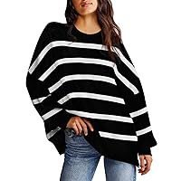 Pink Queen Women's Fall Oversized Striped Sweater Crew Neck Batwing Long Sleeve Ribbed Knit Pullover Jumper Tops