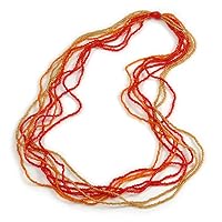 Long Multistrand Glass Bead Necklace In Shades of Red/Orange/Yellow - 86cm L