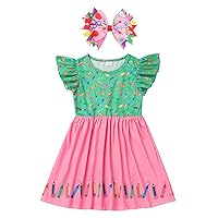 IMEKIS Toddler Kids Girls Back to School Dress with Hair Bow Pencil Print Kindergarten First Day of School Outfit 4-7T