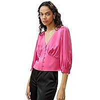 LilySilk Womens Pure Silk Shirt Ladies 22MM Mulberry Silk Blouse with Button-and-Loop Closure 3/4 Sleeves