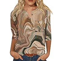 2024 Trendy Vintage Top for Women Casual Three Quarter Sleeve T Shirt Blouse Ethnic Printing Button Loose Top