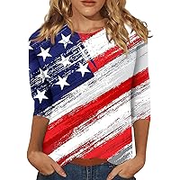 Summer Tops for Women 2024 3/4 Sleeve 4th of July Tops for Women 3/4 Length Sleeve American Flag Print Shirts Classic Round Neck Patriotic Blouses Royal Blue 4X-Large