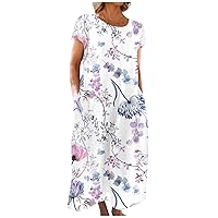 Women's Vacation Dresses Short Sleeve Printed Casual Summer Dresses Beach Flowy Maxi with Pockets Dresses, S-5XL