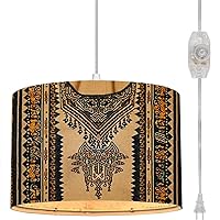 Plug in Pendant Light Beautiful floral neckline embroidery brown geometric ethnic oriental Hanging Lamp with Plug in Cord 16.4 ft Fabric Shade Dimmable Hanging Light for Living Room Kitchen Bedroom