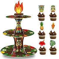 Tiki Torch Cupcake Stand with 24pcs Cupcake Toppers for Luau Theme Party Decorations 3 Tire Hawaiian Tropical Cupcake Dessert Holder for Summer Pool Beach Birthday Party Decor Supplies