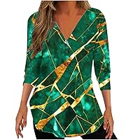 V Neck Summer Tops for Women 3/4 Sleeve Sleeve Pleated Shirts Ombre Print Plus Size Trendy Blouse Dressy Casual