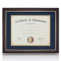 ELSKER&HOME Diploma Frame - Classic Cherry Wood Color Wide Frame - ONLY Fits 11×14 Document/Certificate - Acrylic Plate - Table Top or Wall Mount Display (Double Mat, Navy Mat with Golden Rim)