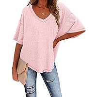 MEROKEETY Women's V Neck Batwing Half Sleeve Shirts Waffle Knit Loose Blouse Solid Color Tops